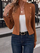 Aurohaya Women's Suedine Officer Jacket Double-Breasted Stand Collar Blazer with Pockets